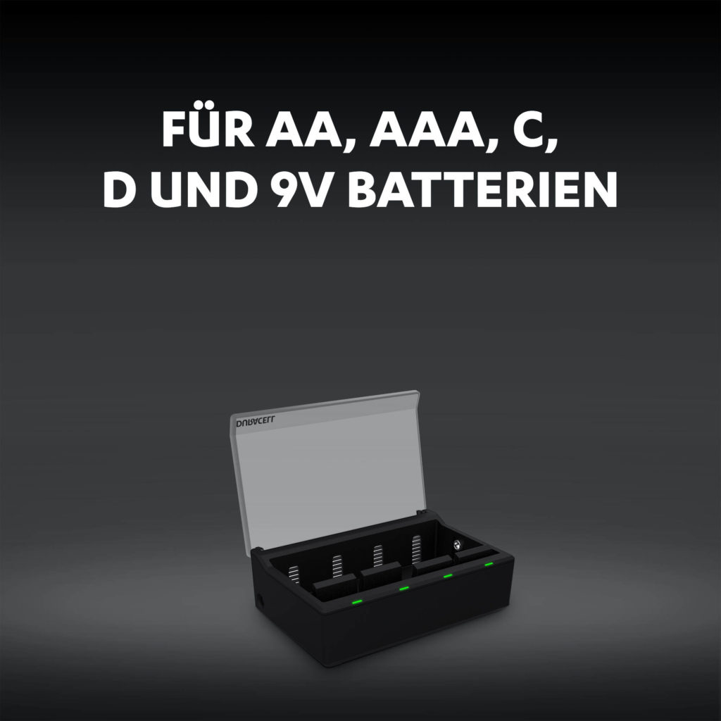 Duracell Hi-Speed Charger lädt Batterien der AA, AAA, C, D und 9 V Größe auf.