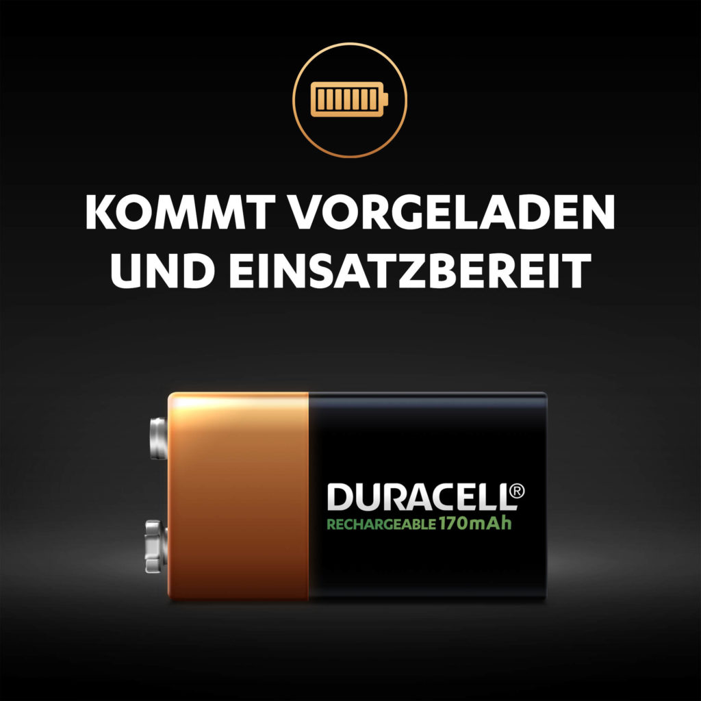 Duracell Rechargeable 9V 170mAh Batterien werden im aufgeladenen Zustand geliefert, und sind sie sofort einsatzbereit.