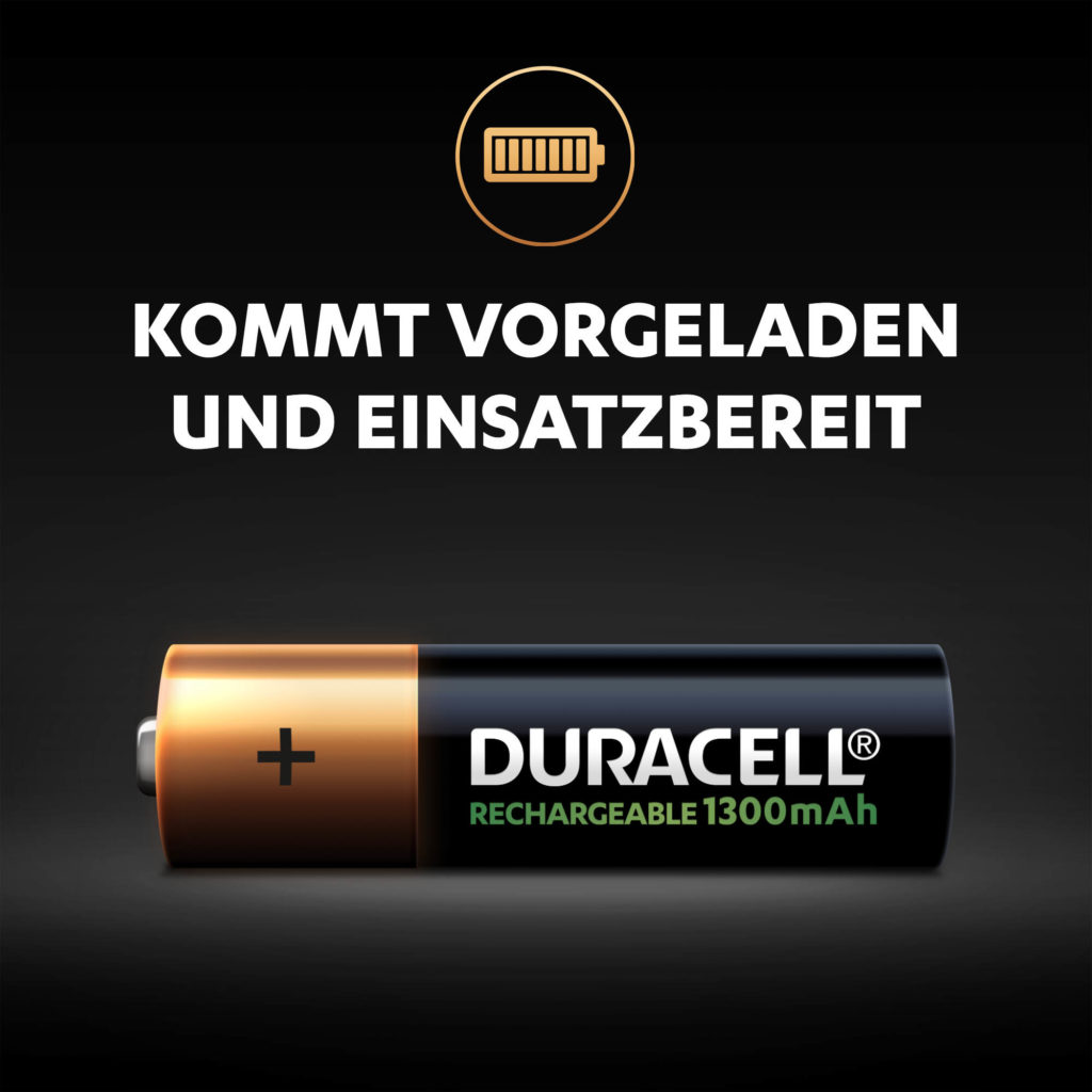 Wiederaufladbare Duracell AA 1300mAh Batterien vorgeladen